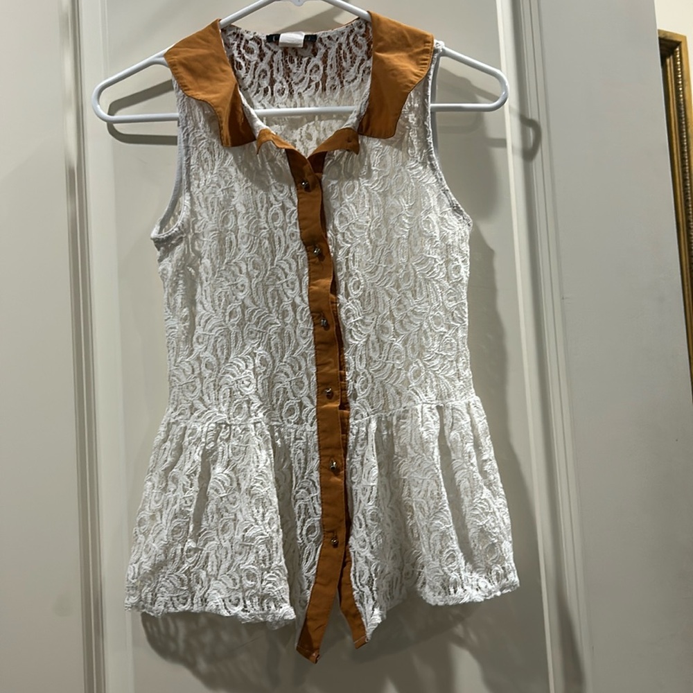 Vintage Feline lace sheer sleeveless button down collar top ruffle hem size S
